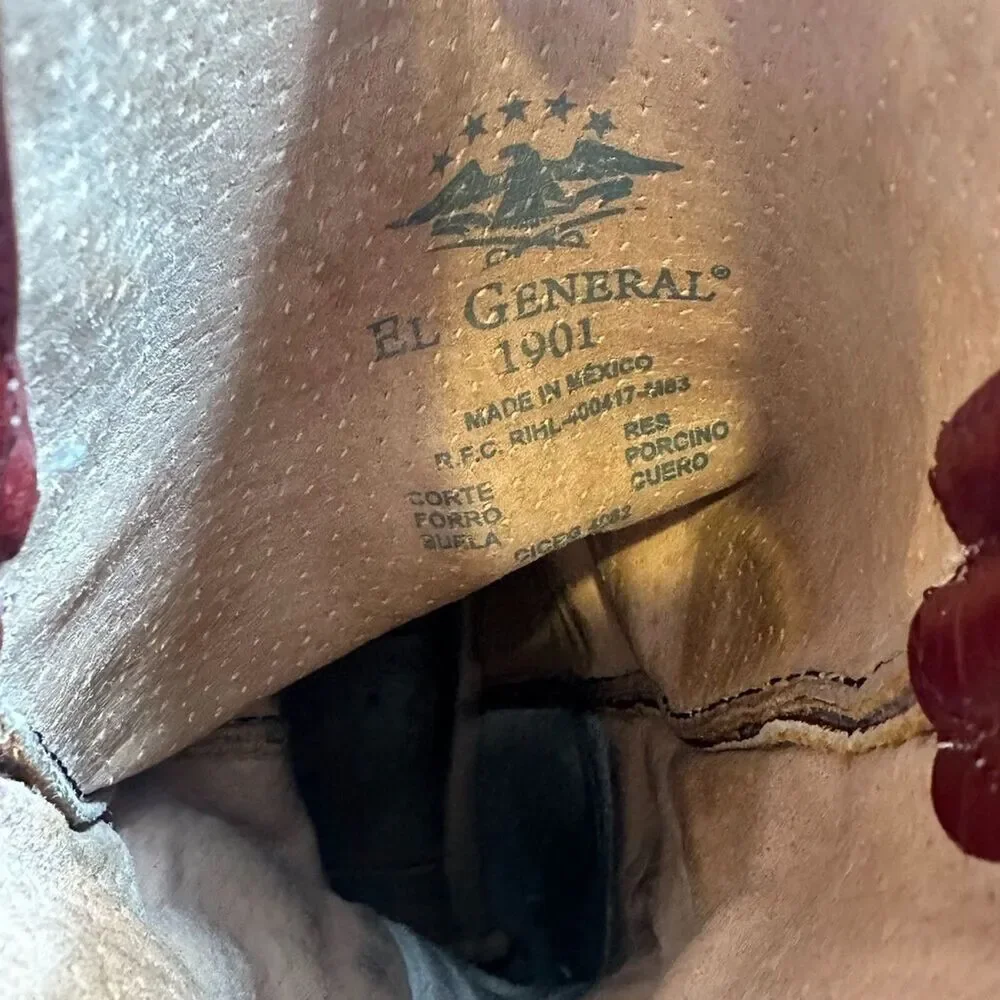 Vintage El General Men's 8 Burgundy Western Boots Embroidered Snip Toe Cowboy